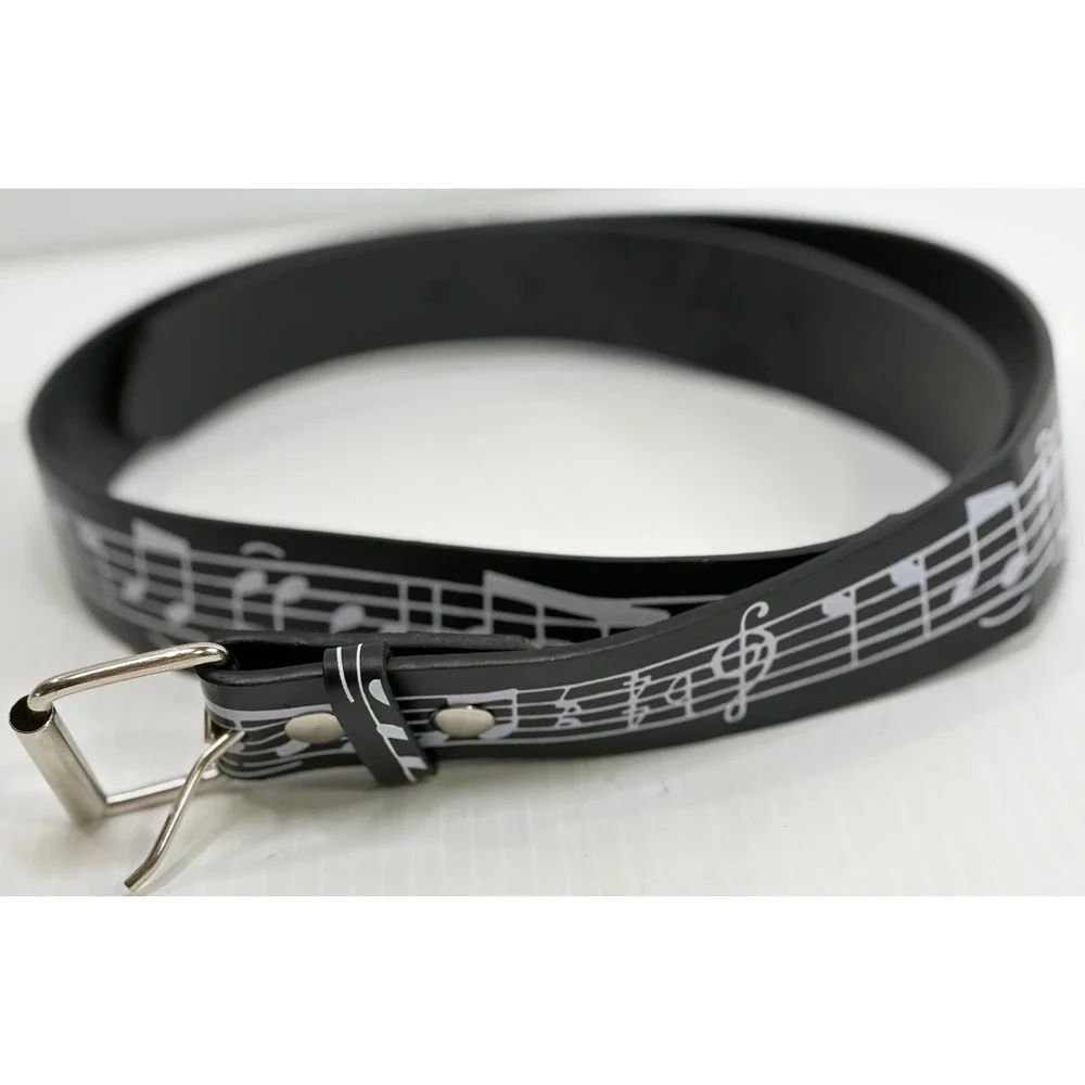 Genuine Leather Music Notes Sheet Music Belt Black Silver Buckle B8931 L 38-40